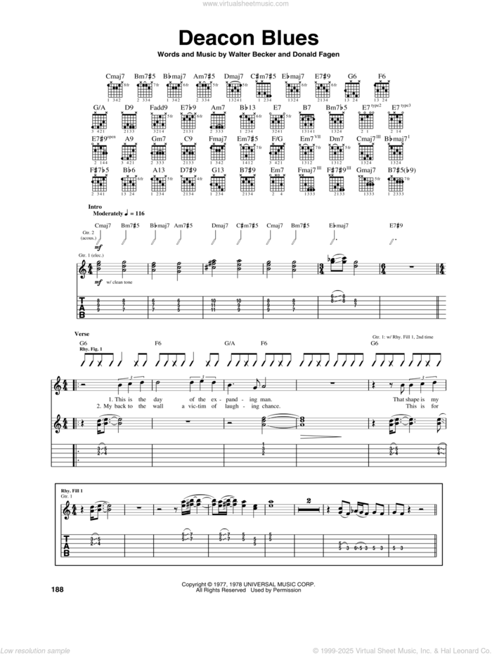 Deacon Blues sheet music for guitar (tablature) by Steely Dan, Donald Fagen and Walter Becker, intermediate skill level