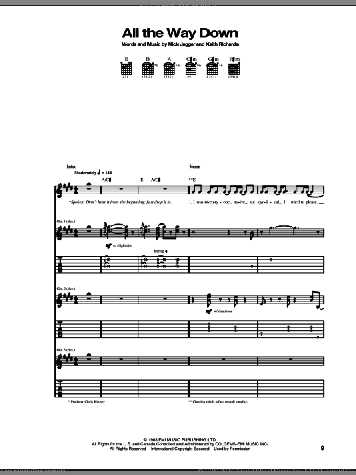 All The Way Down sheet music for guitar (tablature) by The Rolling Stones, Keith Richards and Mick Jagger, intermediate skill level
