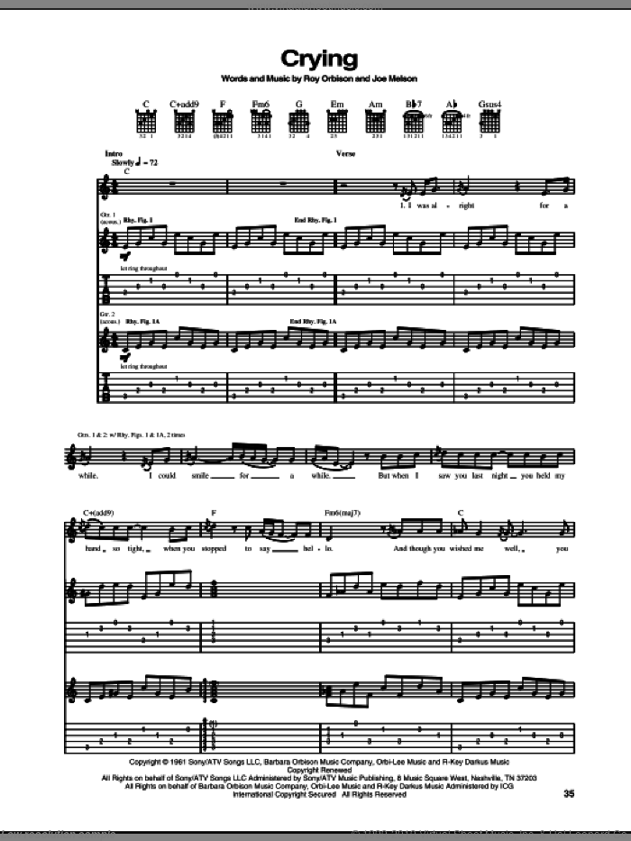Crying sheet music for guitar (tablature) by Don McLean, Joe Melson and Roy Orbison, intermediate skill level