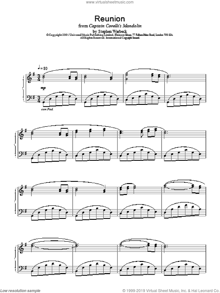 Reunion sheet music for piano solo by Stephen Warbeck, intermediate skill level