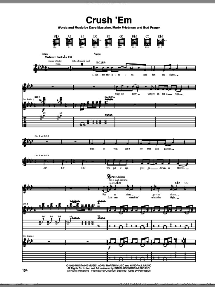 Crush 'Em sheet music for guitar (tablature) by Megadeth, Bud Prager, Dave Mustaine and Marty Friedman, intermediate skill level