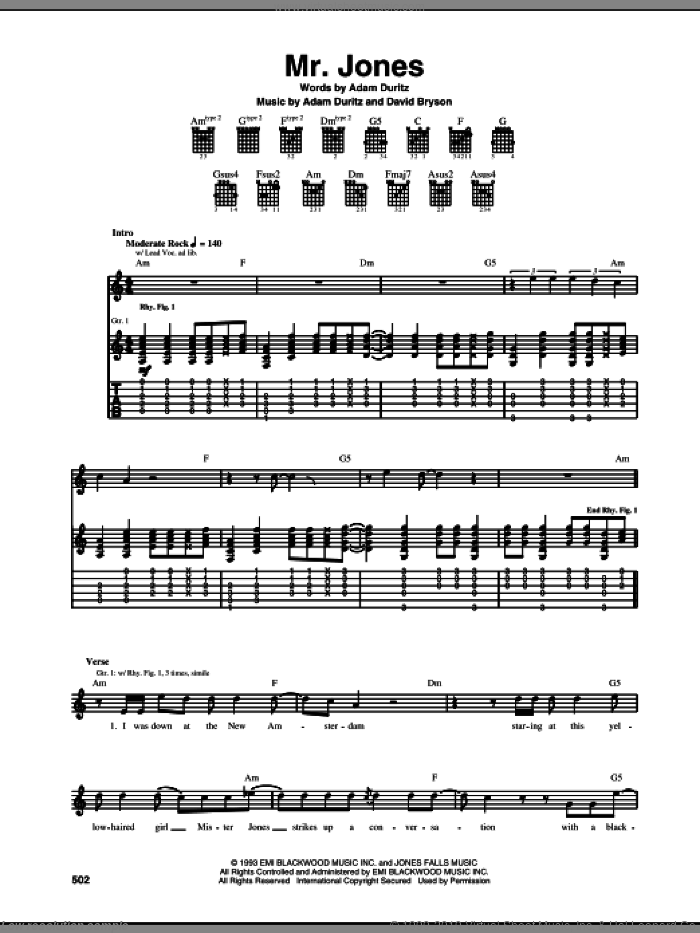 Mr. Jones sheet music for guitar (tablature) by Counting Crows, Adam Duritz and David Bryson, intermediate skill level