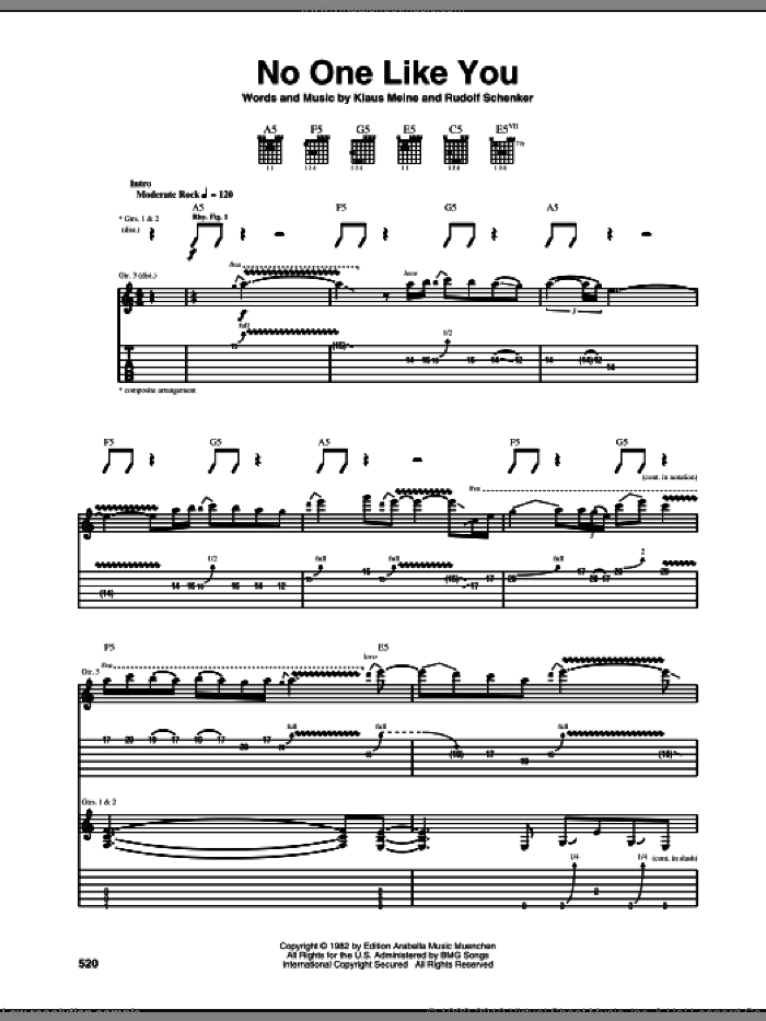 No One Like You sheet music for guitar (tablature) by Scorpions, Klaus Meine and Rudolf Schenker, intermediate skill level