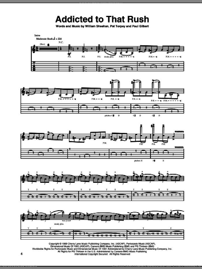 Addicted To That Rush sheet music for guitar (tablature) by Mr. Big, Billy Sheehan, Pat Torpey and Paul Gilbert, intermediate skill level