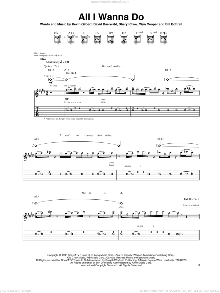 All I Wanna Do sheet music for guitar (tablature) by Sheryl Crow, Bill Bottrell, David Baerwald, Kevin Gilbert and Wyn Cooper, intermediate skill level
