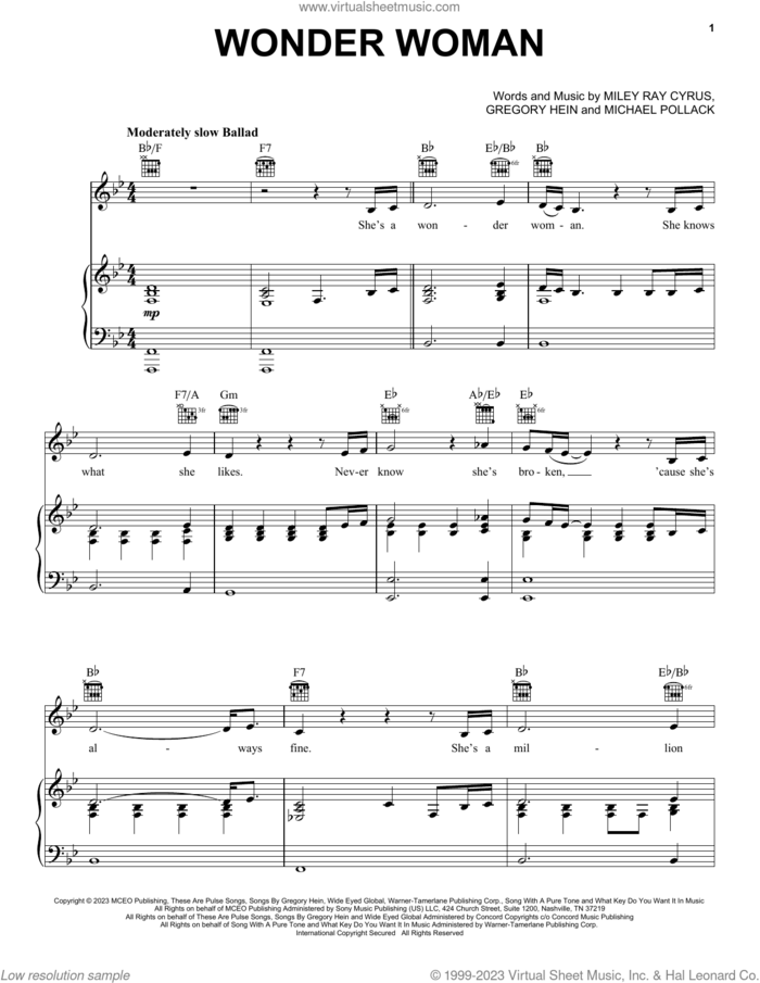 Wonder Woman sheet music for voice, piano or guitar by Miley Cyrus, Gregory Hein and Michael Pollack, intermediate skill level