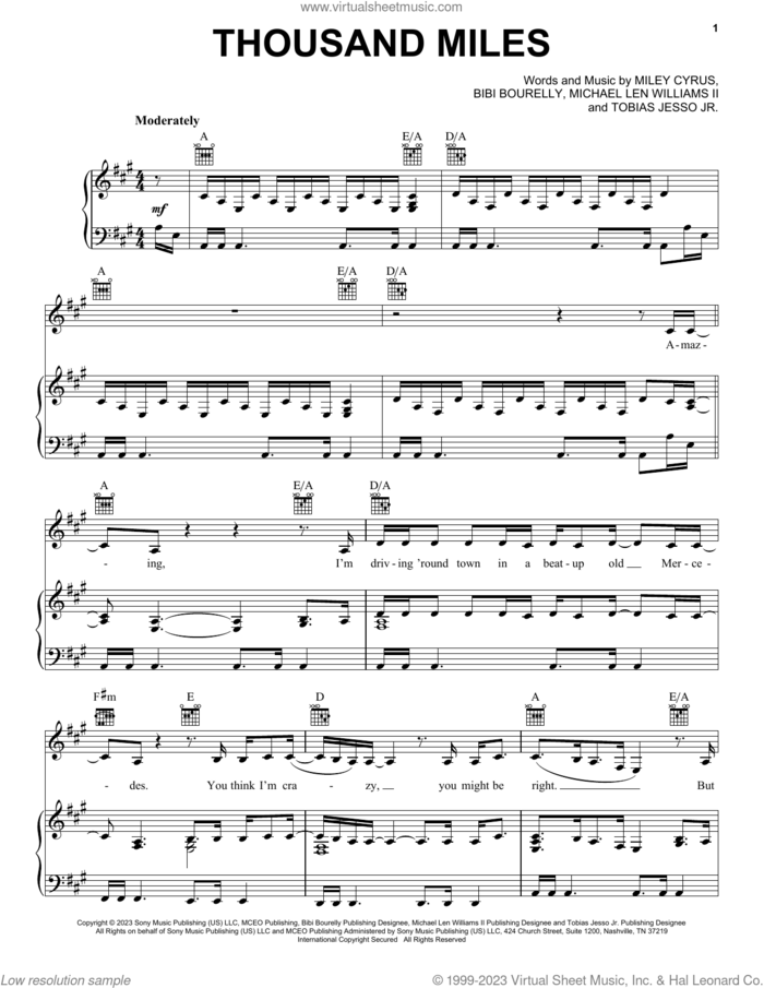 Thousand Miles (feat. Brandi Carlile) sheet music for voice, piano or guitar by Miley Cyrus, Bibi Bourelly, Michael Len Williams II and Tobias Jesso Jr., intermediate skill level