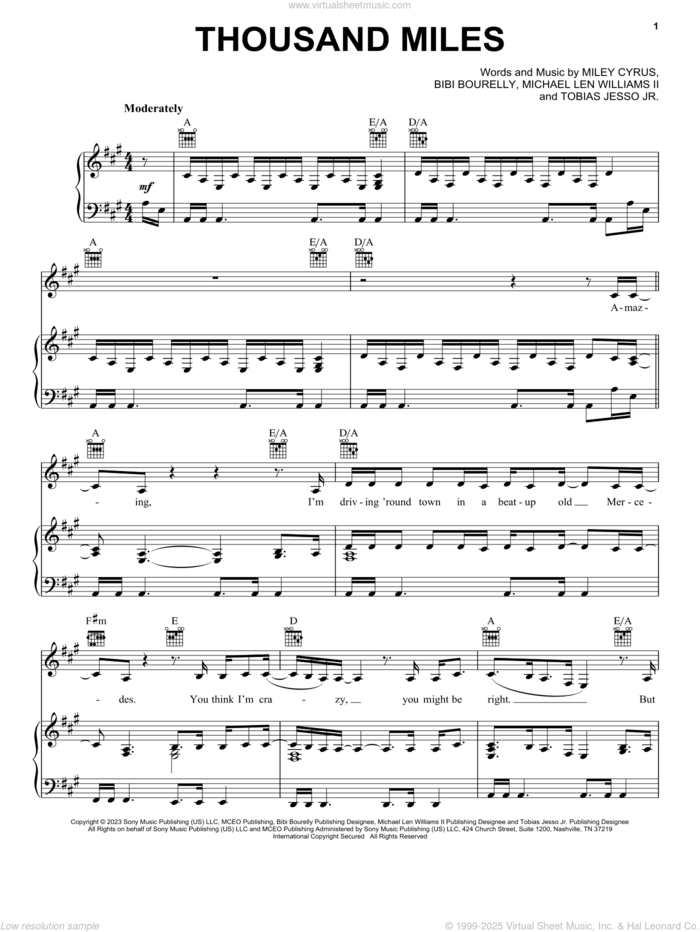 Thousand Miles (feat. Brandi Carlile) sheet music for voice, piano or guitar by Miley Cyrus, Brandi Carlile, Bibi Bourelly, Michael Len Williams II and Tobias Jesso Jr., intermediate skill level