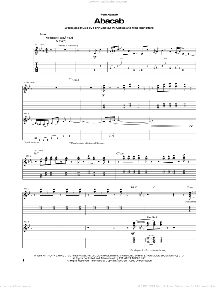 Abacab sheet music for guitar (tablature) by Genesis, Mike Rutherford, Phil Collins and Tony Banks, intermediate skill level