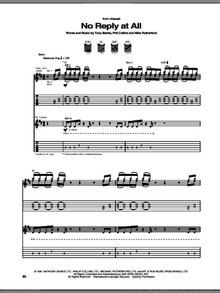 No Reply At All sheet music for guitar (tablature) by Genesis, Mike Rutherford, Phil Collins and Tony Banks, intermediate skill level
