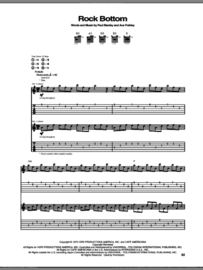 Rock Bottom sheet music for guitar (tablature) by KISS, Ace Frehley and Paul Stanley, intermediate skill level