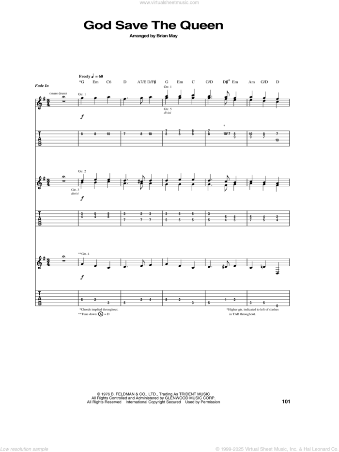 God Save The Queen sheet music for guitar (tablature) by Queen and Brian May, intermediate skill level