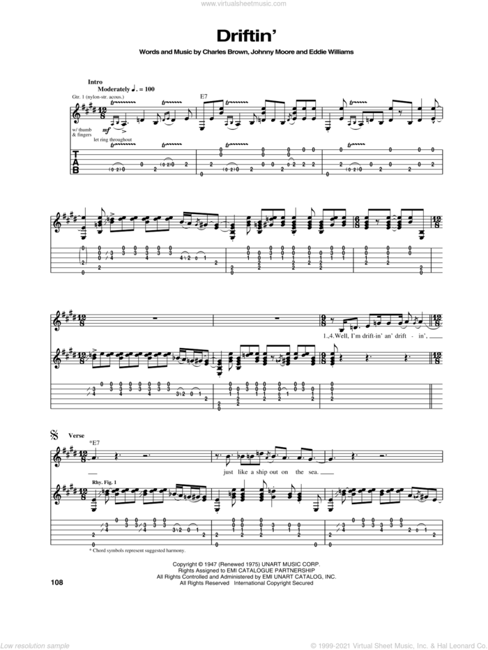 Driftin' Blues sheet music for guitar (tablature) by Eric Clapton, Charles Brown, Eddie Williams and Johnny Moore, intermediate skill level