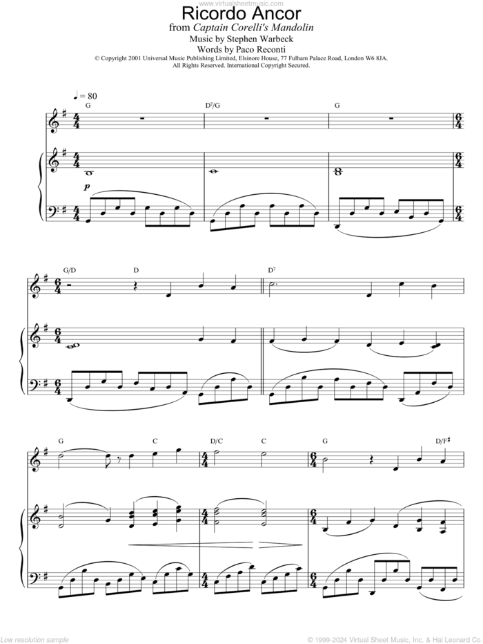 Ricordo Ancor sheet music for piano solo by Stephen Warbeck and Paco Reconti, intermediate skill level