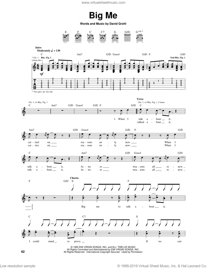 Big Me sheet music for guitar (tablature) by Foo Fighters and Dave Grohl, intermediate skill level