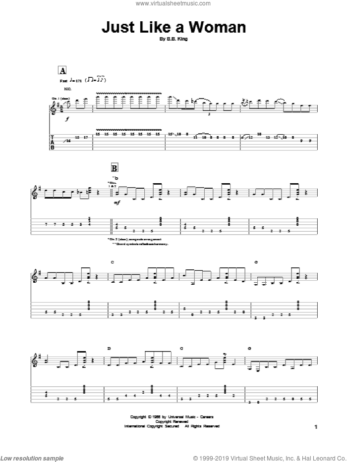 Just Like A Woman sheet music for guitar (tablature) by B.B. King, intermediate skill level