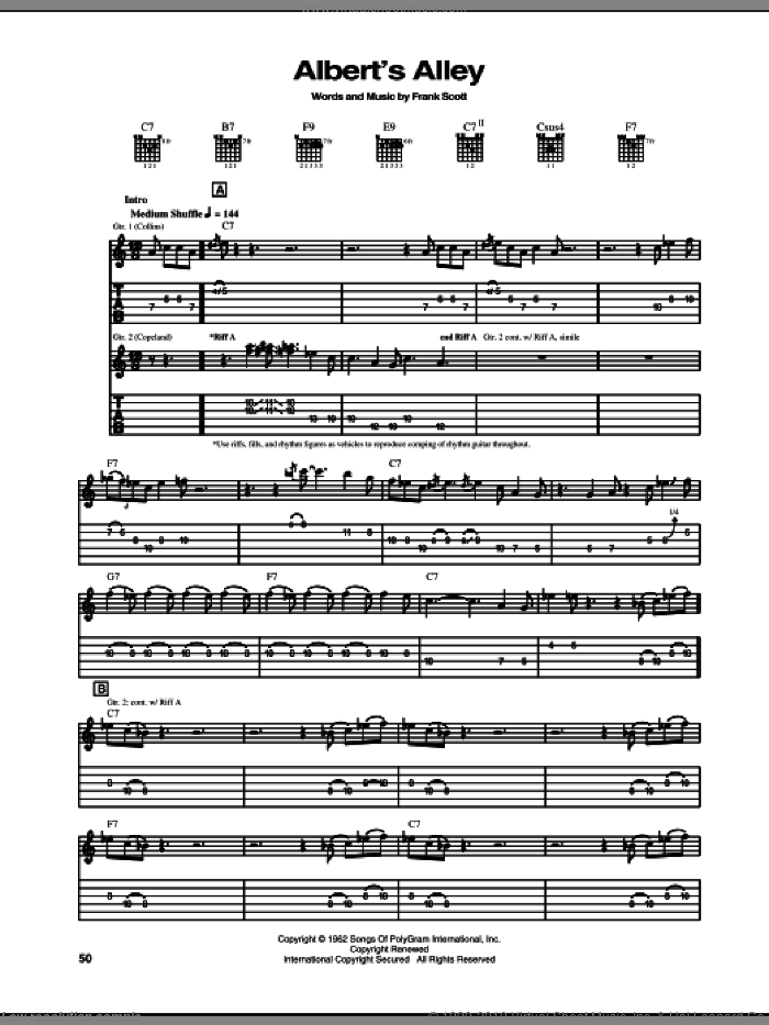 Albert's Alley sheet music for guitar (tablature) by Albert Collins and Frank Scott, intermediate skill level