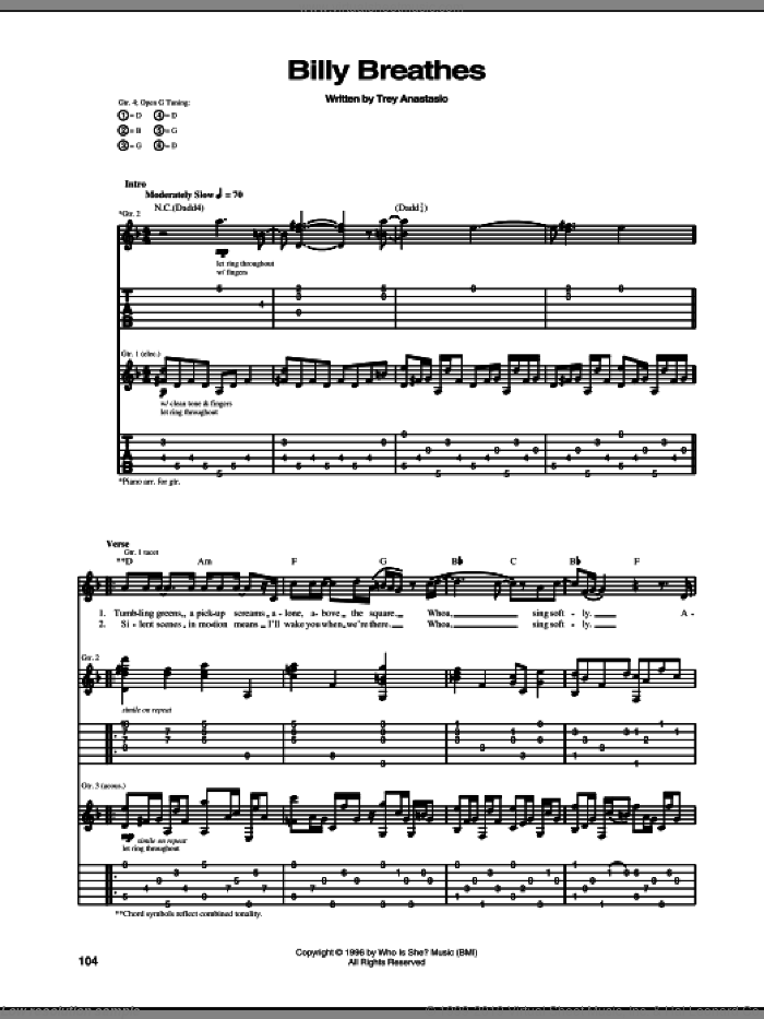 Billy Breathes sheet music for guitar (tablature) by Phish and Trey Anastasio, intermediate skill level