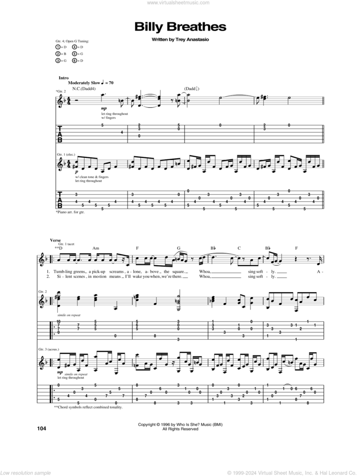 Billy Breathes sheet music for guitar (tablature) by Phish and Trey Anastasio, intermediate skill level