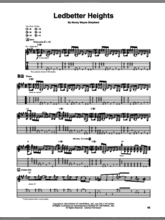 Ledbetter Heights sheet music for guitar (tablature) by Kenny Wayne Shepherd, intermediate skill level