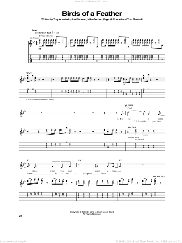 Birds Of A Feather sheet music for guitar (tablature) by Phish, Jon Fishman, Mike Gordon, Page McConnell, Tom Marshall and Trey Anastasio, intermediate skill level