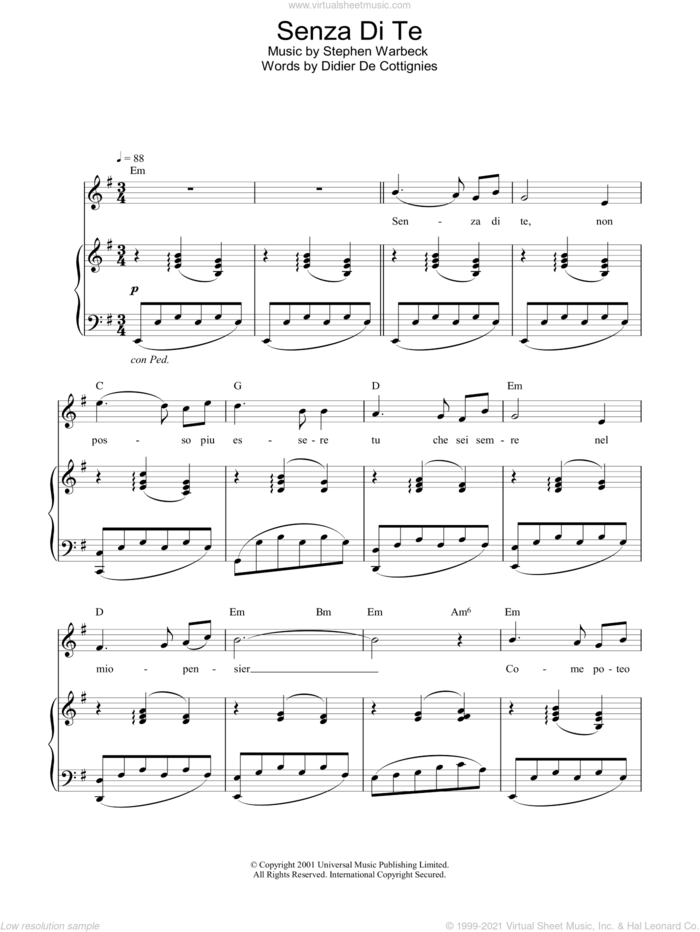 Senza Di Te sheet music for piano solo by Stephen Warbeck and Didier De Cottignies, intermediate skill level