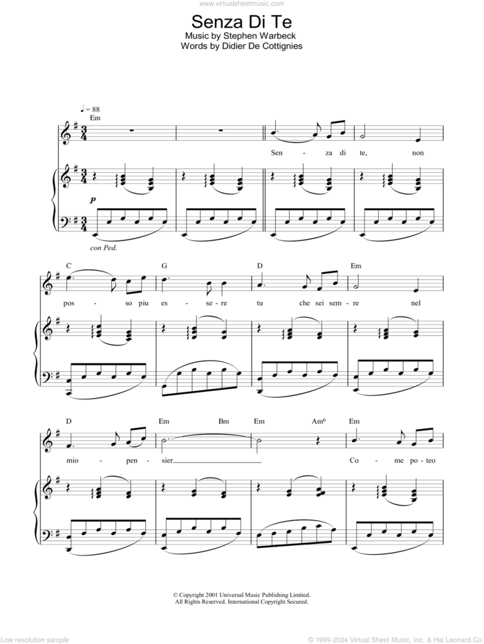 Senza Di Te sheet music for piano solo by Stephen Warbeck and Didier De Cottignies, intermediate skill level