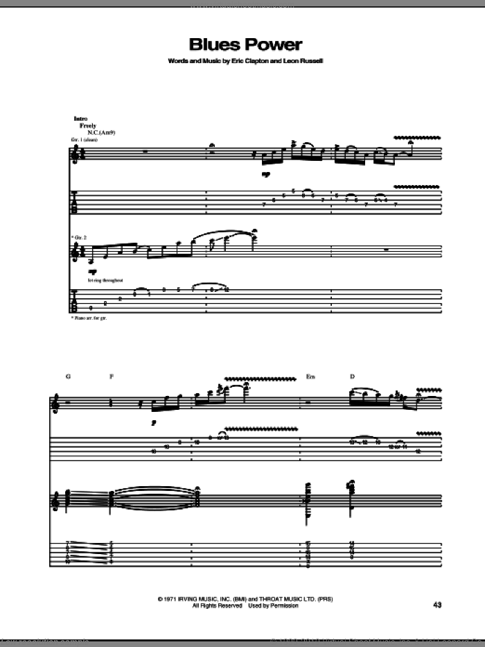 Blues Power sheet music for guitar (tablature) by Eric Clapton and Leon Russell, intermediate skill level