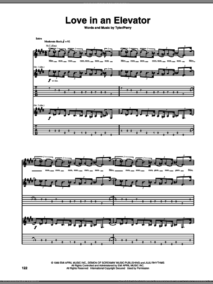 Love In An Elevator sheet music for guitar (tablature) by Aerosmith, Joe Perry and Steven Tyler, intermediate skill level