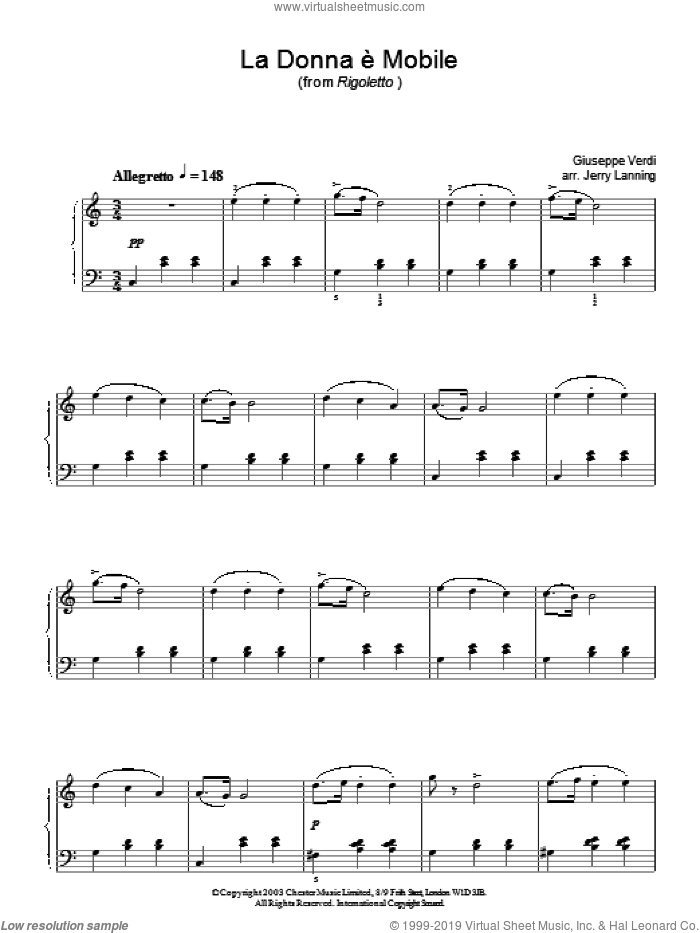 La Donna e Mobile sheet music for piano solo by Giuseppe Verdi, classical score, intermediate skill level