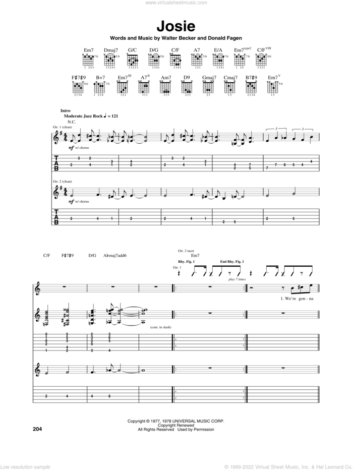 Josie sheet music for guitar (tablature) by Steely Dan, Donald Fagen and Walter Becker, intermediate skill level
