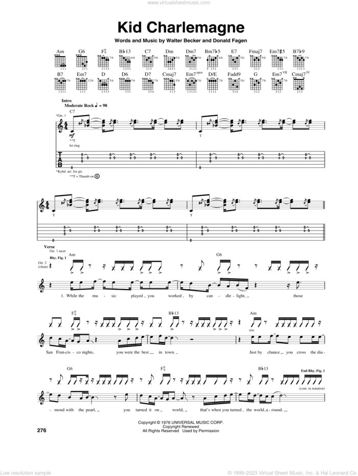 Kid Charlemagne sheet music for guitar (tablature) by Steely Dan, Donald Fagen and Walter Becker, intermediate skill level