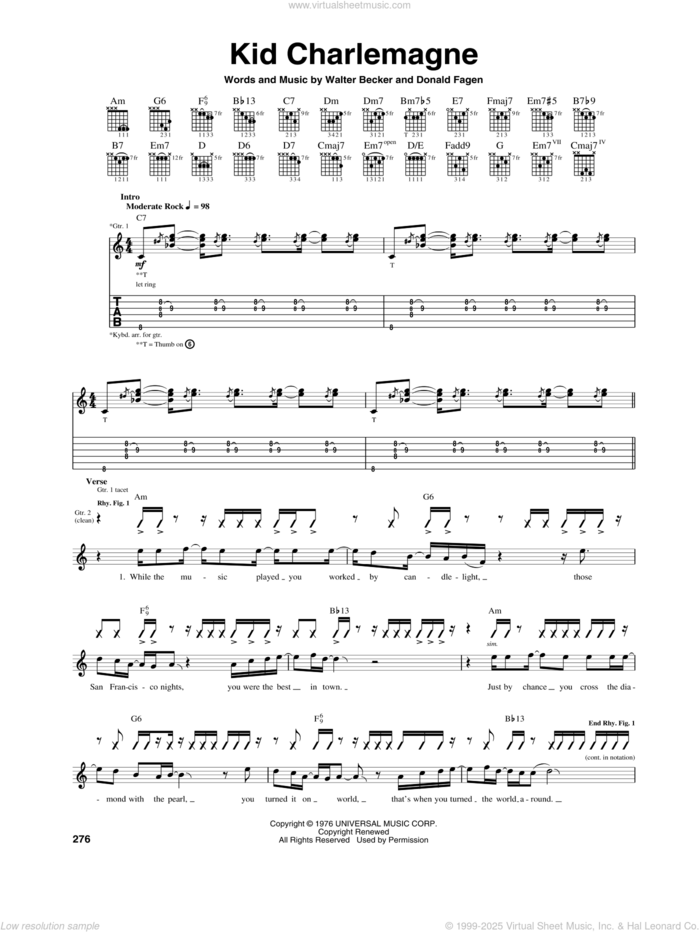 Kid Charlemagne sheet music for guitar (tablature) by Steely Dan, Donald Fagen and Walter Becker, intermediate skill level