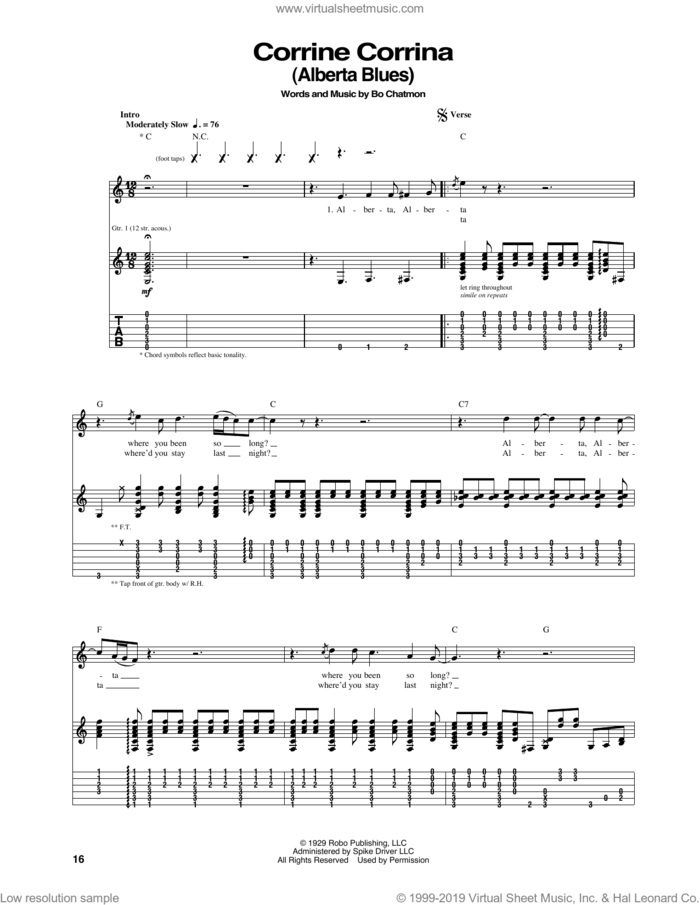 Alberta sheet music for guitar (tablature) by Eric Clapton, Lead Belly and Huddie Ledbetter, intermediate skill level