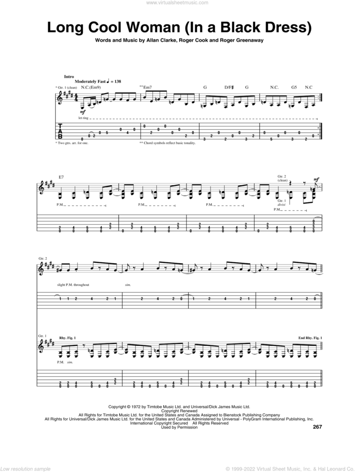 Long Cool Woman (In A Black Dress) sheet music for guitar (tablature) by The Hollies, Allan Clarke, Roger Cook and Roger Greenaway, intermediate skill level