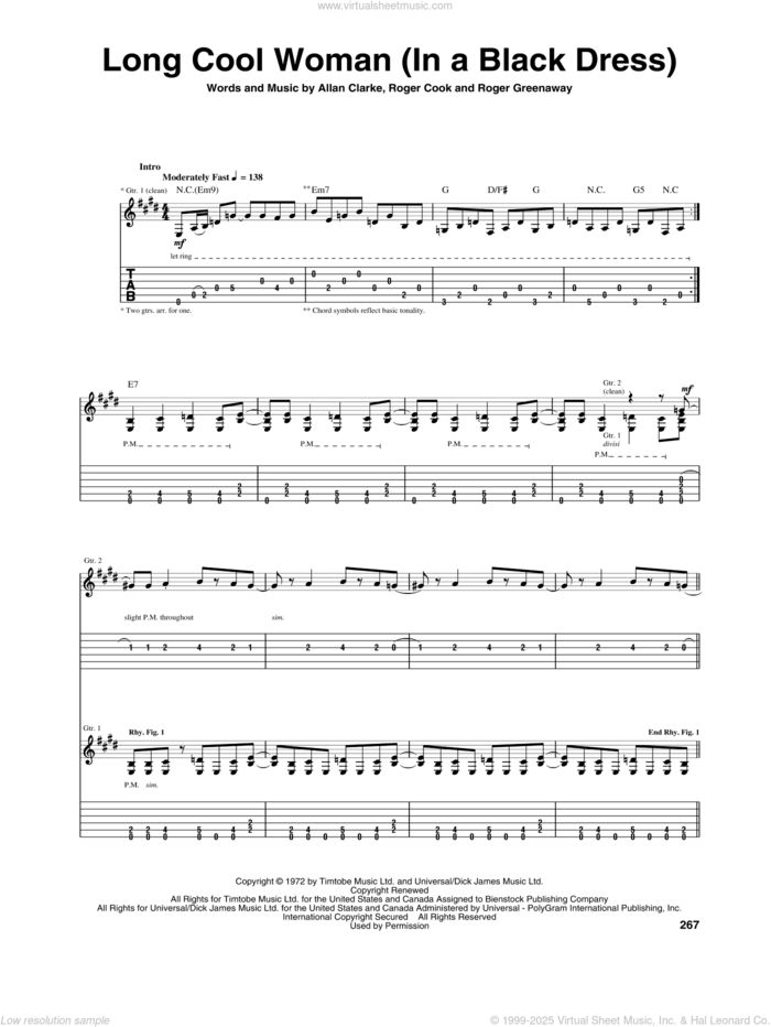 Long Cool Woman (In A Black Dress) sheet music for guitar (tablature) by The Hollies, Allan Clarke, Roger Cook and Roger Greenaway, intermediate skill level