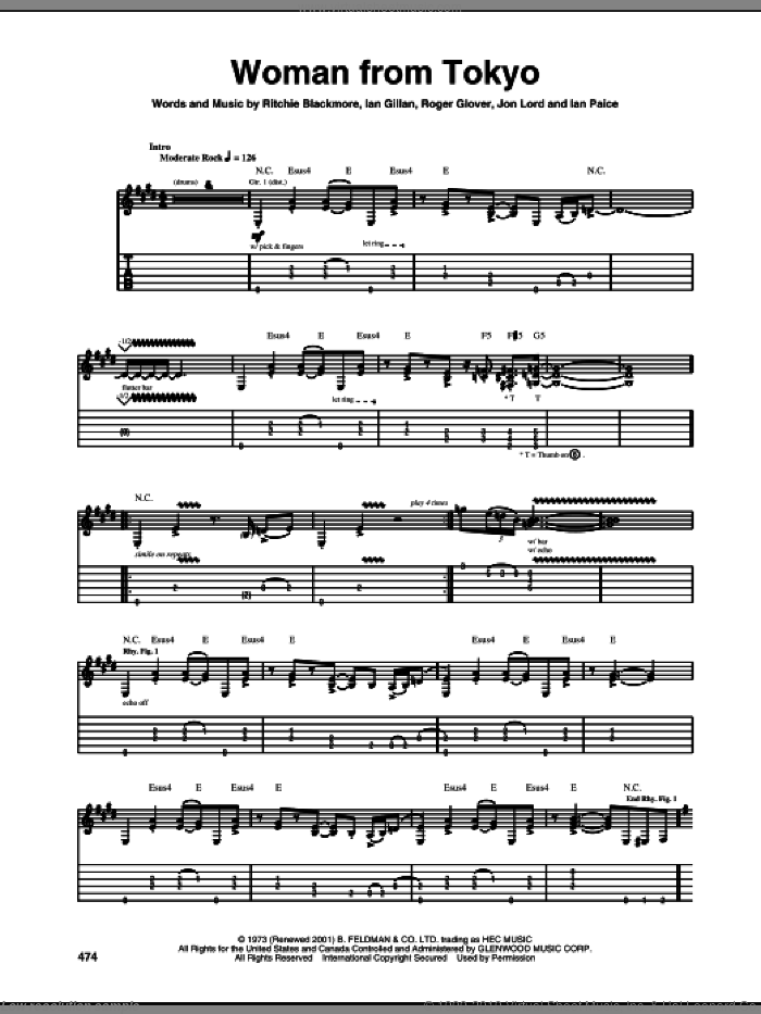 Woman From Tokyo sheet music for guitar (tablature) by Deep Purple, Ian Gillan, Ian Paice, Jon Lord, Ritchie Blackmore and Roger Glover, intermediate skill level