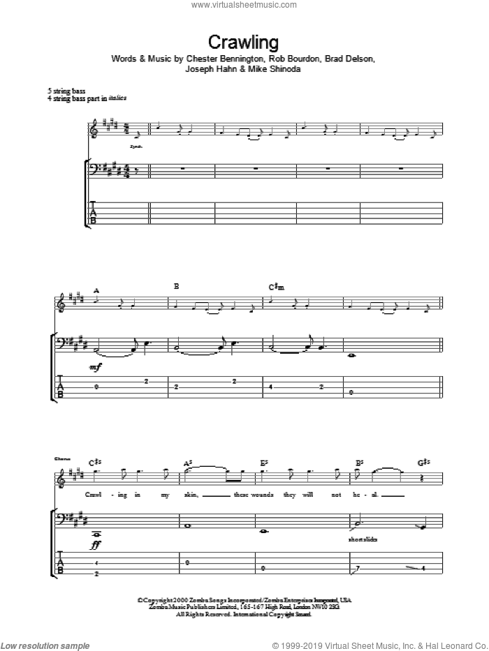 Crawling sheet music for bass (tablature) (bass guitar) by Linkin Park, intermediate skill level