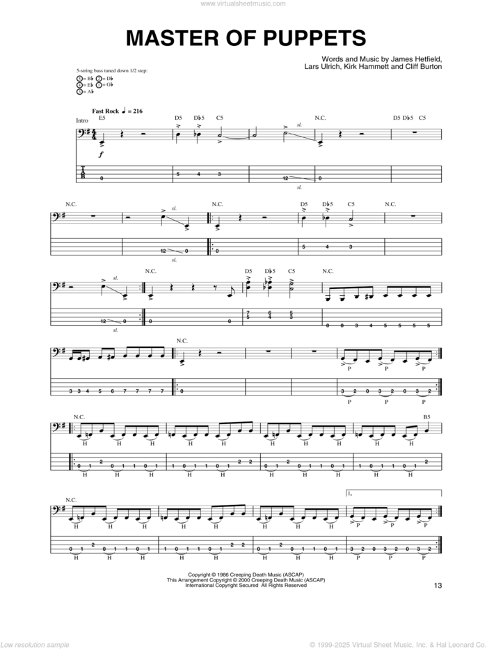 Master Of Puppets sheet music for bass (tablature) (bass guitar) by Metallica, Cliff Burton, James Hetfield, Kirk Hammett and Lars Ulrich, intermediate skill level