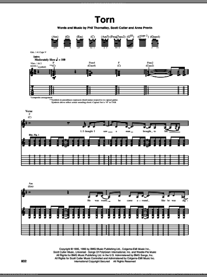 Torn sheet music for guitar (tablature) by Natalie Imbruglia, Anne Previn, Phil Thornalley and Scott Cutler, intermediate skill level