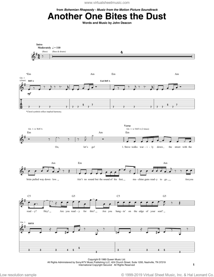 Another One Bites The Dust sheet music for guitar (tablature) by Queen and John Deacon, intermediate skill level