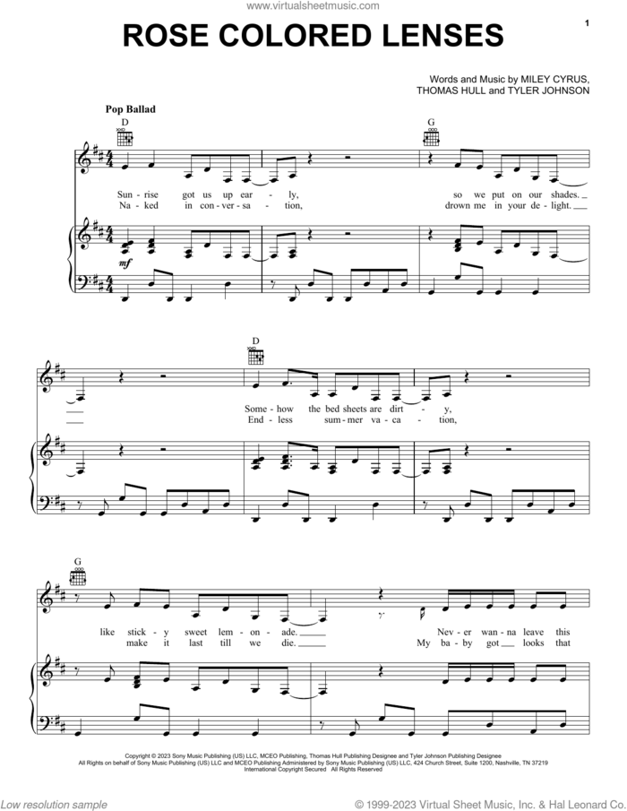 Rose Colored Lenses sheet music for voice, piano or guitar by Miley Cyrus, Tom Hull and Tyler Johnson, intermediate skill level