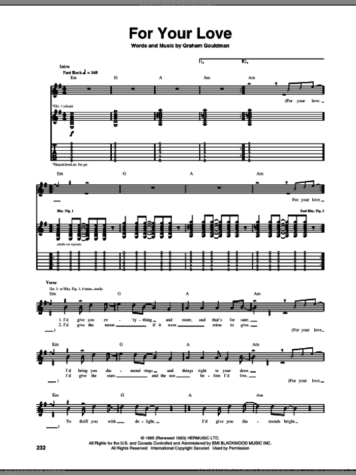 For Your Love sheet music for guitar (tablature) by The Yardbirds, Eric Clapton and Graham Gouldman, intermediate skill level