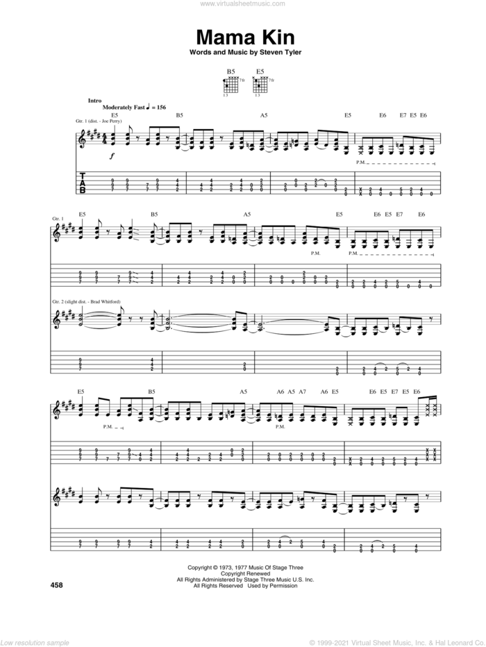 Mama Kin sheet music for guitar (tablature) by Aerosmith and Steven Tyler, intermediate skill level