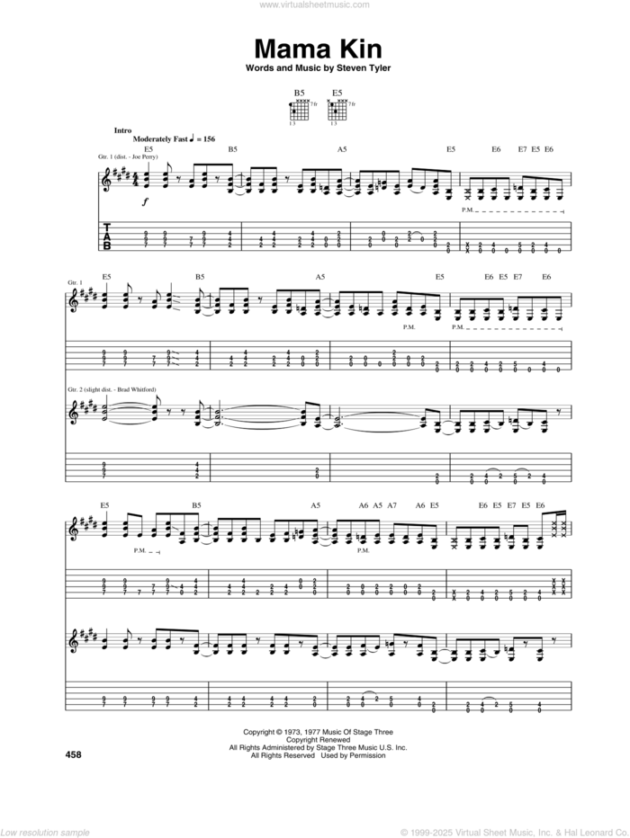 Mama Kin sheet music for guitar (tablature) by Aerosmith and Steven Tyler, intermediate skill level