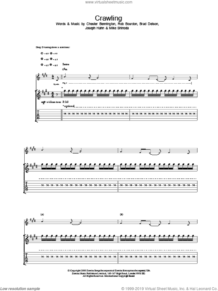 Crawling sheet music for guitar (tablature) by Linkin Park, intermediate skill level