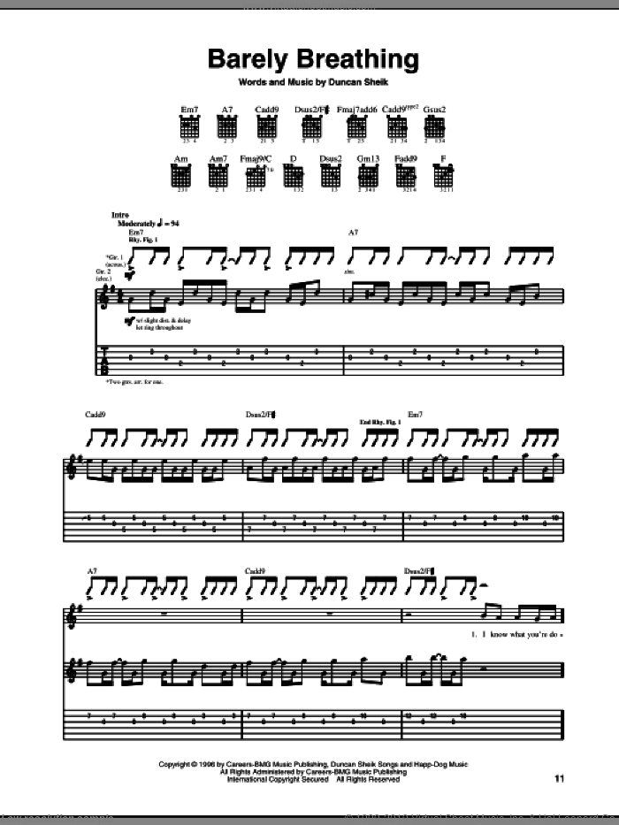 Barely Breathing sheet music for guitar (tablature) by Duncan Sheik, intermediate skill level