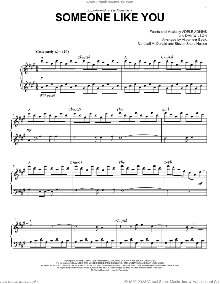 Someone Like You sheet music for piano solo by The Piano Guys, Adele, Adele Adkins and Dan Wilson, intermediate skill level