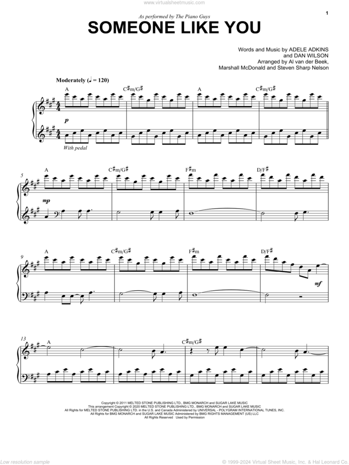 Someone Like You sheet music for piano solo by The Piano Guys, Adele, Adele Adkins and Dan Wilson, intermediate skill level