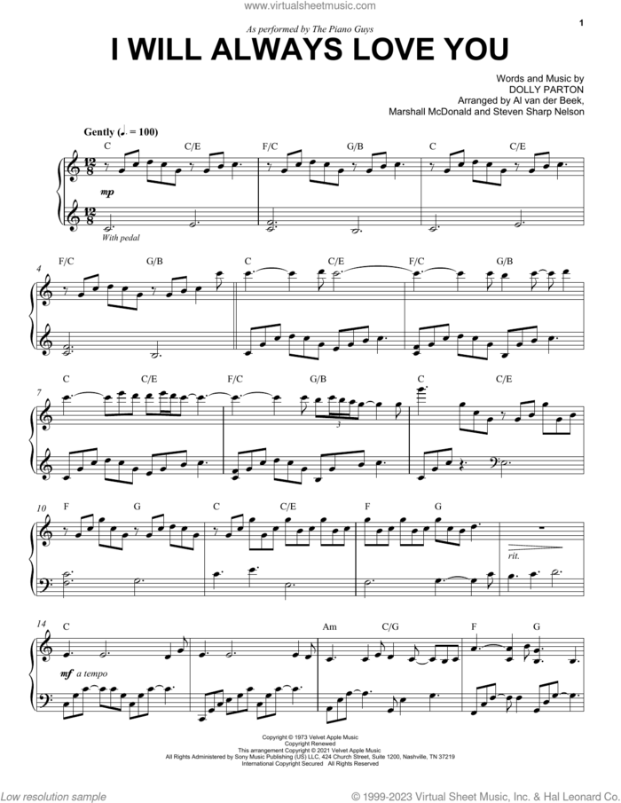 I Will Always Love You sheet music for piano solo by The Piano Guys, Whitney Houston and Dolly Parton, intermediate skill level